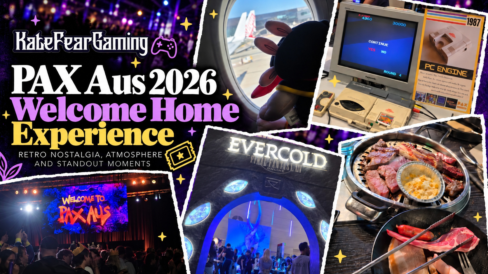 Welcome Home PAX Aus 2026 experience photo collage featuring travel, retro games and convention moments